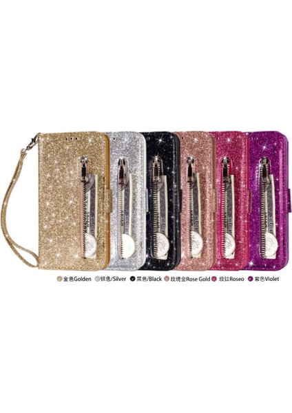 Samsung Galaxy Zipper 5g Kart Tutucu Için Fermuarlı Cebi Durumda Glitter Cüzdan Pu (Yurt Dışından)