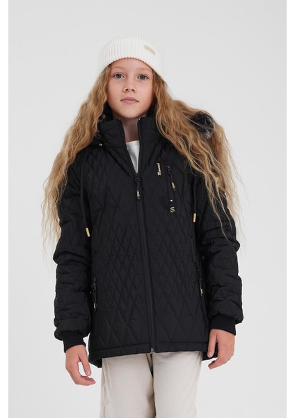 Siyah Su ve Rüzgar Geçirmez Çıkartılabilir Kapüşonlu Kız Çocuk Mont &kaban modelleri