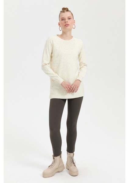 Kadın Sıfır Yaka Dikişsiz Yanları Düğmeli Simli Bluz Kemik fiyatları