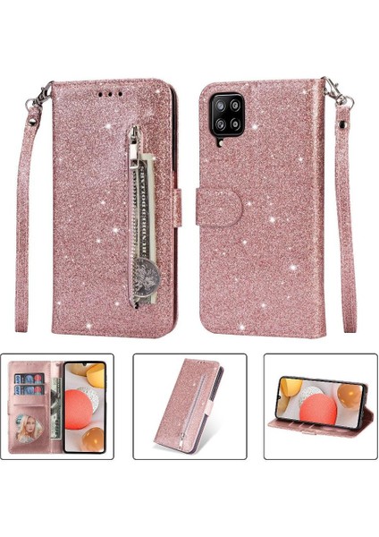 Samsung Galaxy A12 5g Için Fermuarlı Cebi Durumda Pu Deri Glitter Cüzdan (Yurt Dışından)