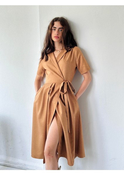 Lady Kruvaze Midi Elbise Kadın Taba fırsatları