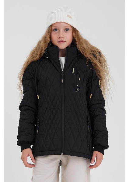 Siyah Su ve Rüzgar Geçirmez Çıkartılabilir Kapüşonlu Kız Çocuk Mont &kaban