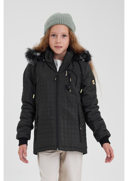 Yeşil Su ve Rüzgar Geçirmez Çıkartılabilir Kapüşonlu Kız Çocuk Mont &kaban