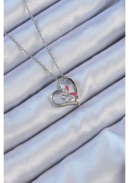316L Çelik Zincir Gümüş Renk Mineli Kelebek Figür Zirkon Taşlı Kalp Kolye
