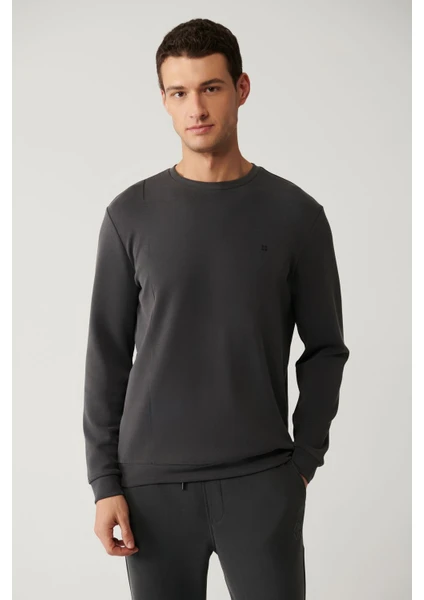 Erkek Antrasit Bisiklet Yaka Baskılı Soft Touch Sweatshirt A41Y1224