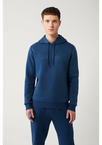 Erkek Indigo Sweatshirt Kapüşonlu Yaka 3 Iplik Şardonlu Piramit Baskılı Regular Fit A32y1240