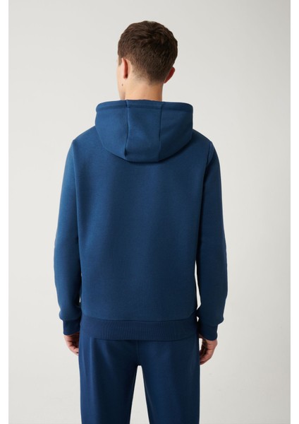 Erkek Indigo Sweatshirt Kapüşonlu Yaka 3 Iplik Şardonlu Piramit Baskılı Regular Fit A32y1240