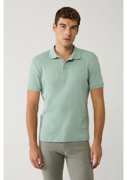 Erkek Su Yeşili 3 Düğmeli Jakarlı Polo Yaka T-Shirt A41Y1354