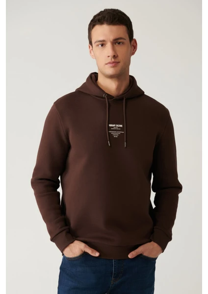 Erkek Kahverengi Kapüşonlu Şardonlu Baskılı Sweatshirt A41Y1247