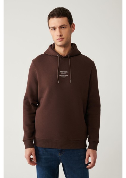 Erkek Kahverengi Kapüşonlu Şardonlu Baskılı Sweatshirt A41Y1247