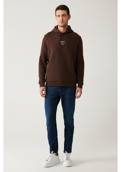 Erkek Kahverengi Kapüşonlu Şardonlu Baskılı Sweatshirt A41Y1247