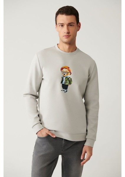 Erkek Gri Bisiklet Yaka İnterlok Baskılı Sweatshirt A41Y1248