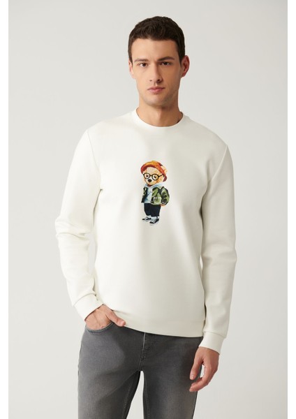 Erkek Ekru Bisiklet Yaka İnterlok Baskılı Sweatshirt A41Y1248