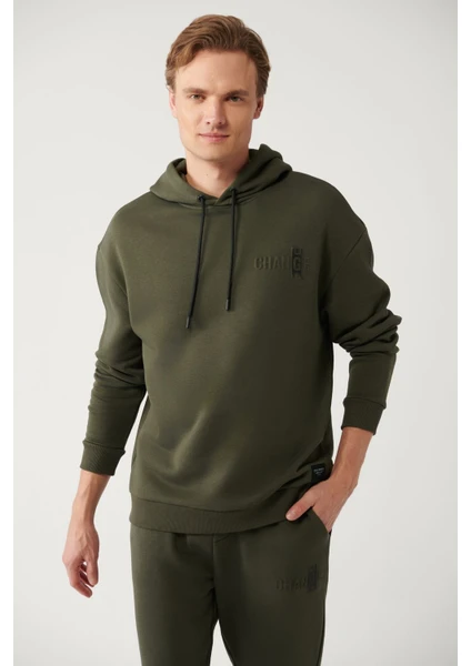 Erkek Haki Kapüşonlu Şardonlu 3 İplik Sweatshirt A32Y1190