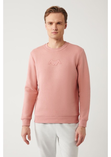 Erkek Pembe Sweatshirt Bisiklet Yaka 3 Iplik Şardonlu Flok Baskılı Regular Fit A32y1273