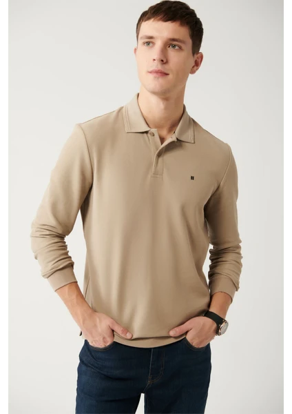 Erkek Vizon 2 Düğmeli Pamuklu Polo Yaka Sweatshirt B001080