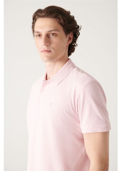 Erkek Açık Pembe 3 Düğmeli %100 Mısır Pamuğu Polo Yaka T-Shirt B001027