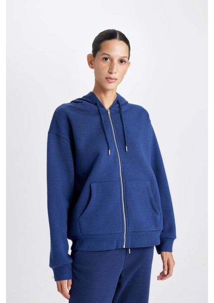 Relax Fit Kapüşonlu Cepli Basic Düz Fermuarlı Sweatshirt C1809AX24WN