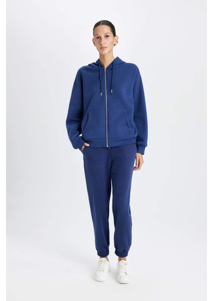 Relax Fit Kapüşonlu Cepli Basic Düz Fermuarlı Sweatshirt C1809AX24WN