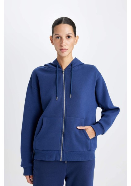 Relax Fit Kapüşonlu Cepli Basic Düz Fermuarlı Sweatshirt C1809AX24WN