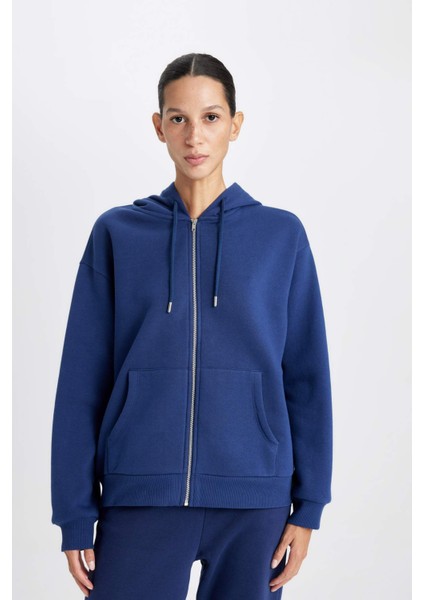 Relax Fit Kapüşonlu Cepli Basic Düz Fermuarlı Sweatshirt C1809AX24WN