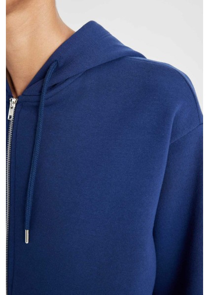 Relax Fit Kapüşonlu Cepli Basic Düz Fermuarlı Sweatshirt C1809AX24WN