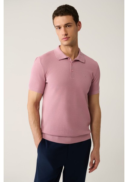 Erkek Pembe 3 Düğmeli Dokulu Ribanalı Polo Yaka Triko T-Shirt B005009