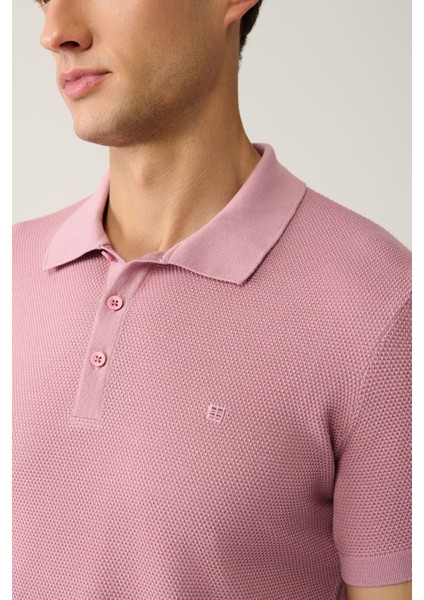 Erkek Pembe 3 Düğmeli Dokulu Ribanalı Polo Yaka Triko T-Shirt B005009