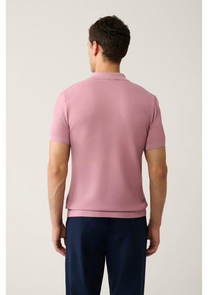 Erkek Pembe 3 Düğmeli Dokulu Ribanalı Polo Yaka Triko T-Shirt B005009