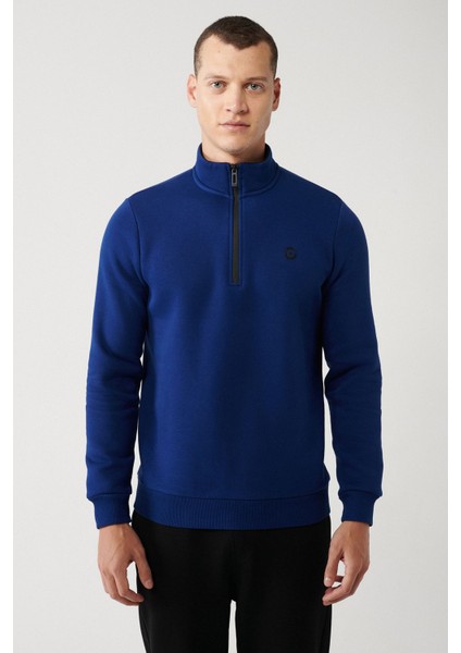 Erkek Saks Dik Yaka Fermuarlı Şardonlu 3 İplik Sweatshirt E001020