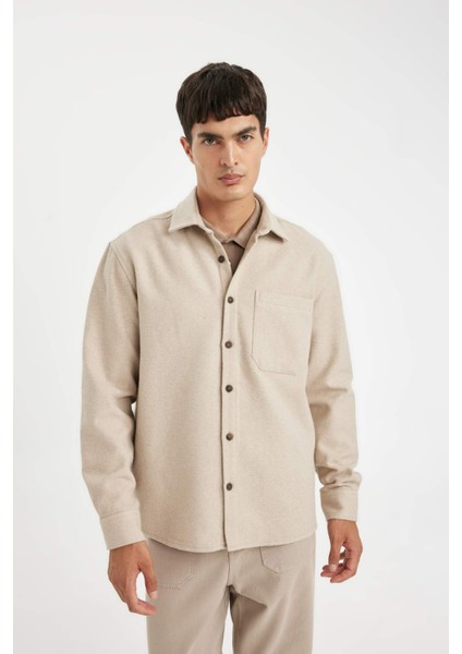 Regular Fit Polo Yaka Basic Düz Pamuk Karışımlı Uzun Kollu Gömlek D2622AX24AU