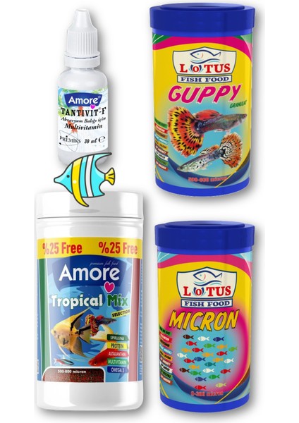 Lepistes-Melek-Plati-Moli Balığı Granül Yemi 125ml, Lotus Guppy 100 ml, Yavru 100 ml, Vitamin