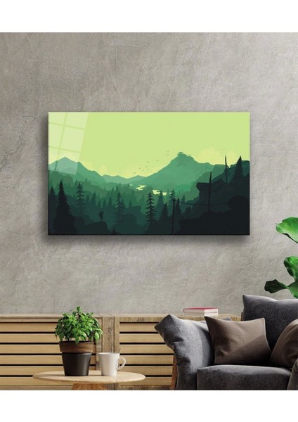 Teknoo- Yeşil Illüstrasyon Dağ Cam Tablo, Ev ve Ofis Duvar Dekoru fiyatları