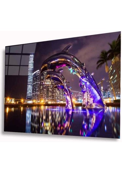 Teknoo- Işıklı Yunuslar Cam Tablo 4mm Dayanıklı Temperli Cam