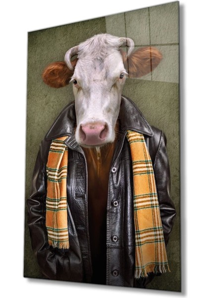 Teknoo- Insan Vücutlu Inek Hayvan Portresi Cam Tablo, Ev ve Ofis Duvar Dekoru, Büyük Cam Tablo