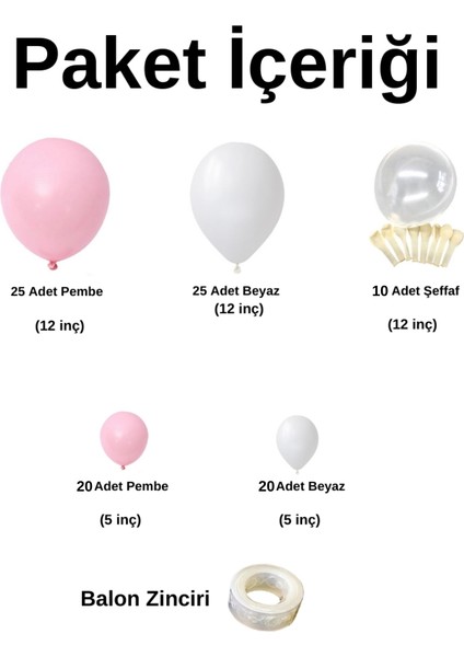 Balon Seti Beyaz-Pembe-Şeffaf 100 Lü Balon Zinciri Seti