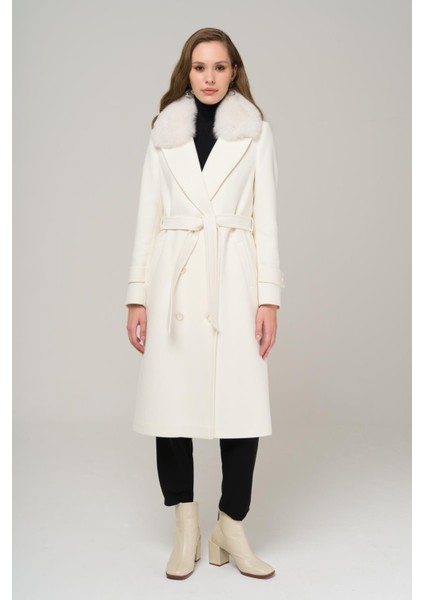 Yakası Çıkabilir Kürklü Kruvaze Ara Boy Kaşmir Kaban Ekru 3987-TK fiyatları