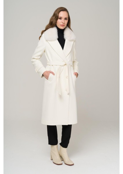 Yakası Çıkabilir Kürklü Kruvaze Ara Boy Kaşmir Kaban Ekru 3987-TK indirimleri