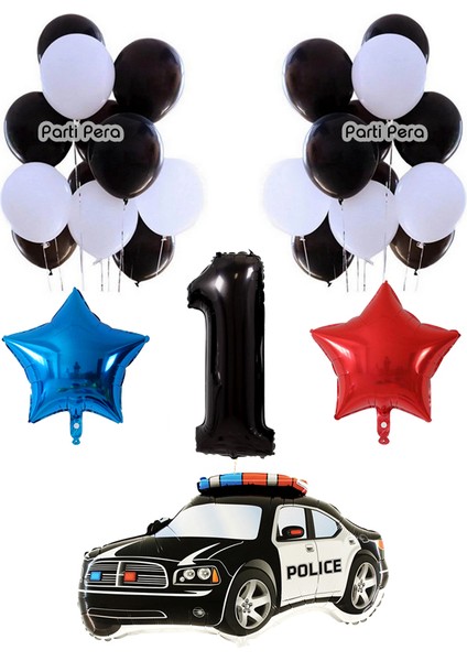 Polis Arabası Folyo Balon 71 cm Siyah Beyaz Pastel Balon Siyah Rakam Folyo Balon Doğum Günü Balon Seti