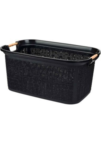 Siyah Woow 30 Lt Ahşap Siyah Saplı Sele Çamaşır Sepeti - Kirli Sepeti - Plastik Sepet- Siyah 45 x 4