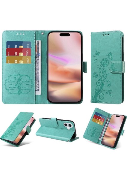 IPhone 16 Için Flip Case Artı Çiçek Flip Kart Yuvaları Deri (Yurt Dışından)