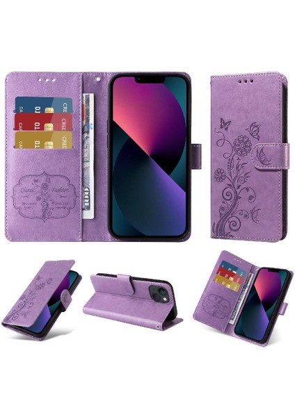 IPhone 14 Deri Çiçek Flip Kart Yuvaları Için Flip Case (Yurt Dışından)