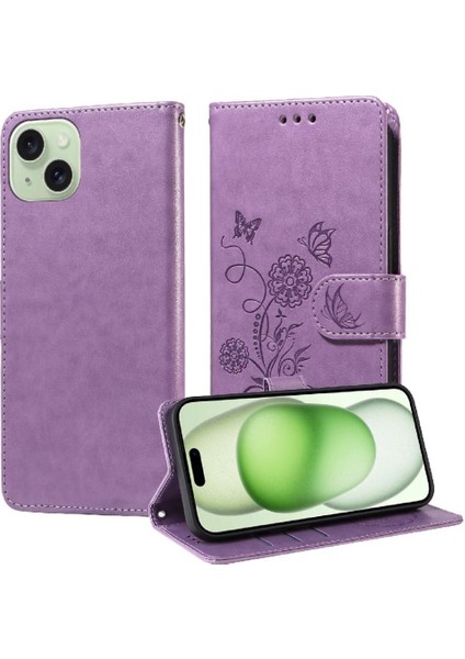 IPhone 15 Için Flip Case Artı Kart Yuvaları Çiçek Deri Flip (Yurt Dışından)
