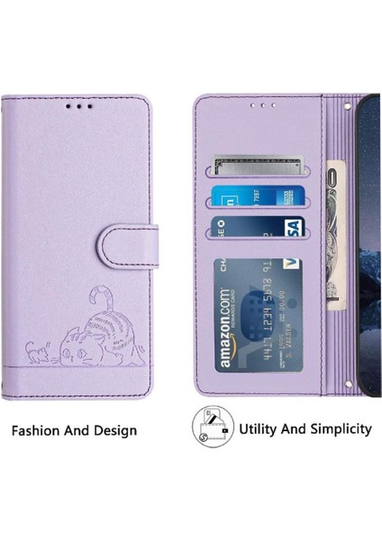 Galaxy A40 Kedi Rfıd Kart Yuvası Tutucu Kickstand Cüzdan (Yurt Dışından)
