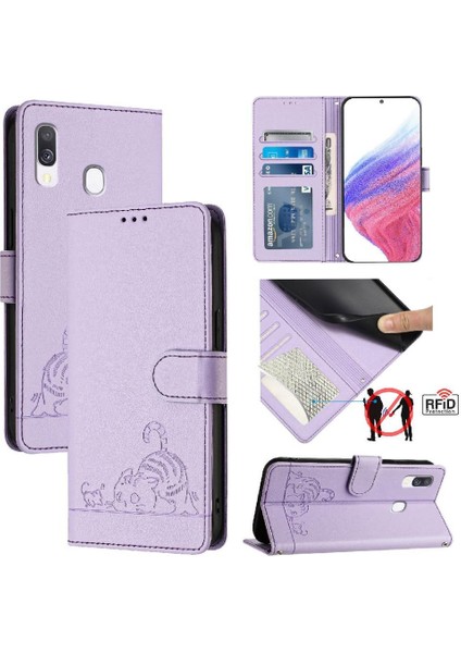 Galaxy A40 Kedi Rfıd Kart Yuvası Tutucu Kickstand Cüzdan (Yurt Dışından)