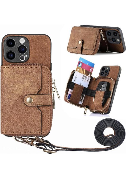 IPhone 15 Için Kılıf Pro Premium Deri Standı Ayarlanabilir Kordon Fermuar 7 (Yurt Dışından)