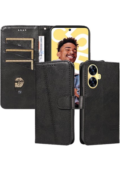 Realme C55 Preslenmiş Pu Deri Ayrılabilir Siyah Bilezik Durumda Için Filp Durumda (Yurt Dışından)