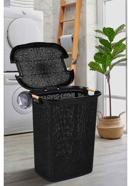 Siyah Woow Desen Ahşap Kulplu Antistatik Kirli Çamaşır Sepeti 60 Lt - Siyah 60 x 40 50-99 L Plastik