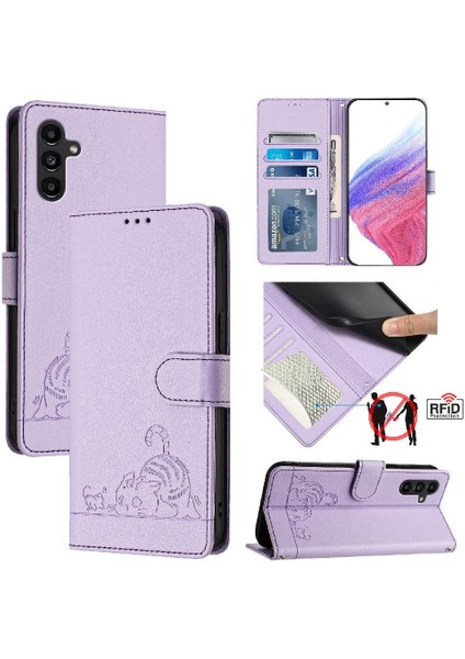 Galaxy A04S Kedi Rfıd Kart Yuvası Tutucu Kickstand Cüzdan (Yurt Dışından)