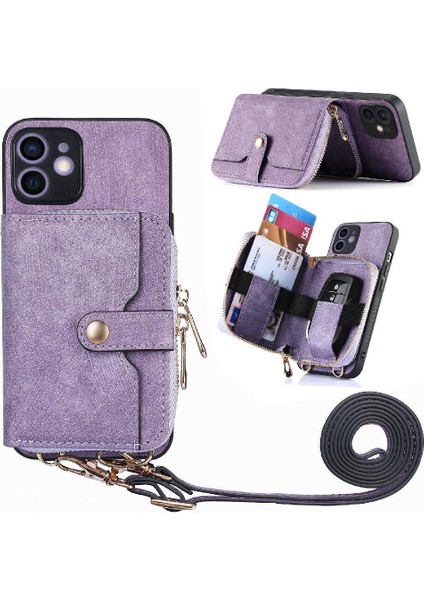 IPhone 12 Için Kılıf Ayarlanabilir Kordon Premium Deri 7 Kart Yuvaları Fermuar (Yurt Dışından)